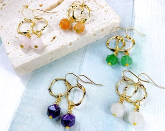 Gemstone Dangle Earrings, Golden Twist Hoop, Crystal Quartz Amethyst