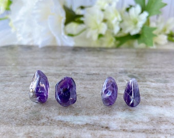 Tumbled Amethyst Gemstone Stud Earrings, Natural Amethyst Crystal Stone Earrings, Hypoallergenic Surgical Steel Gemstone Earrings