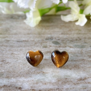 Tiger Eye Heart Shape Gemstone Hypoallergenic Surgical Steel Stud Earrings