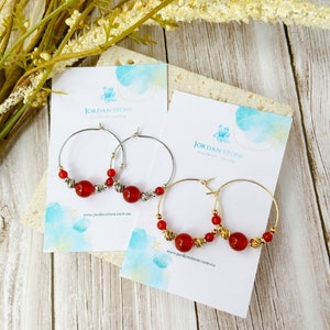July Birthstone Earrings - Gemstones Beaded Hoop Earrings, Red Agate Beaded Hoop Earrings