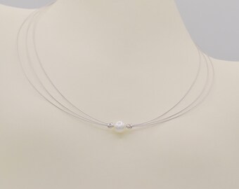 14K 3 strand white gold wire necklace with diamonds and a single white pearl