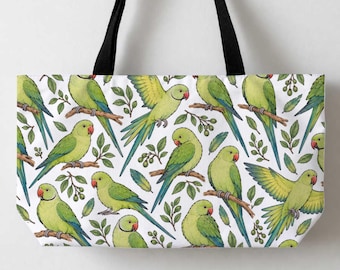 Linnie Parakeets Tote Bag, Canvas Tote For Bird Lovers, Big Tote, Linnie Birds Barred Large Tote Bag 24x13" Beach Tote Pet Grocery Bag