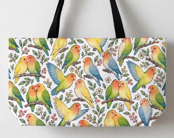 Lovebirds Tote Bag, Canvas Tote For Bird Lovers, Big Tote, Lovebird Love Bird Parrot Large Tote Bag 24x13" Beach Tote Pet Grocery Bag