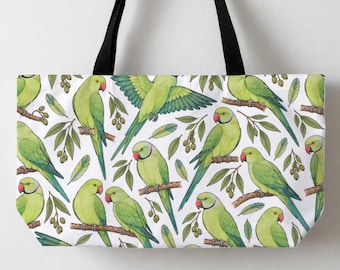 Indian Ringneck Parrots Tote Bag, Canvas Tote For Bird Lovers, Big Tote, Ring Neck Parakeet Large Tote Bag 24x13" Beach Tote Pet Grocery Bag
