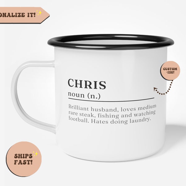 Name Definition Cup, Personalized Name Definition Camping Mug, Personalize Name Enamel Coffee Mug Custom Name Meaning Mug