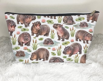 Pygmy Hippos Zip Bag, Hippopotamus Cosmetic Bag Animal Lover Pattern Gifts Travel Bag, Snacks Makeup Bag Pencil Case Purse Toiletry Bag