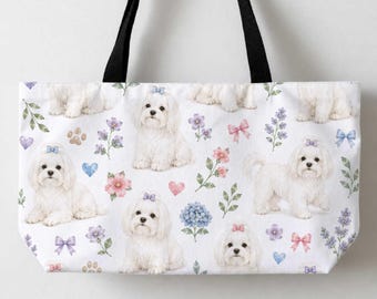 Maltese Dogs Tote Bag Cute Canvas Tote Large Tote Bag 24x13" Gift For Animal Pet Lover Big Dog Tote Beach Tote Shopping Bag
