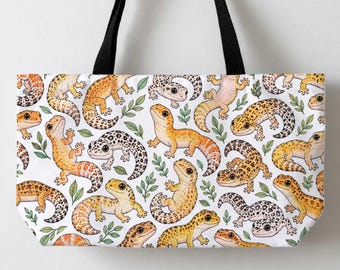 Leopard Geckos Tote Bag, Cute Canvas Tote For Animal Lovers, Big Tote, Gecko Lizard Lover Large Tote Bag 24x13" Beach Tote, Grocery Bag