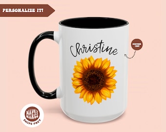 Personalized Sunflower Name Mug, 20oz. 15oz. Sunflower Gifts For Her, Custom Sunflower Lover Gift, Sunflower Coffee Mug, Sunflower Tea Cup