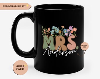 Personalised Wildflowers Mrs Black Coffee Mug, Custom Mrs Gift, Custom Gift For Bride Mug, Bride To Be, Wedding Gift, Bridal Shower Gift