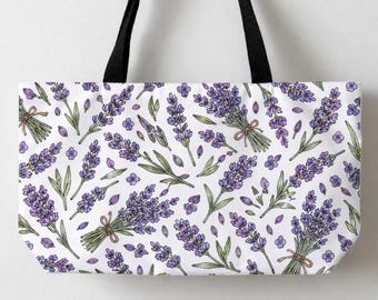Lavender Flowers Tote Bag, Cute Floral Canvas Tote For Lavender Lovers, Big Tote, Floral Lover Large Tote Bag 24x13" Beach Tote Shoulder Bag