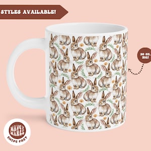 Cute Rabbits Coffee Mug, Big 20oz 15oz Mug, Rabbit Bunny Coffee Cup, Hare Lover Gift, Rabbit Owner Easter Bunny, Rabbit Pattern