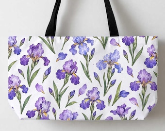 Iris Tote Bag, Cute Floral Canvas Tote For Iris Flowers Lovers, Big Tote, Floral Lover Large Tote Bag 24x13" Beach Tote, Shoulder Bag