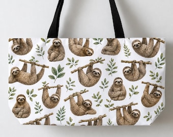 Sloths Large Tote Bag, Big Tote, Beach Tote, Canvas Tote, Animal Lover Gift, Teacher Tote Bag, Sloth Pattern Tote Bag 24x13"