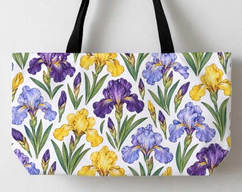 Iris Flowers Tote Bag, Cute Floral Canvas Tote For Irises Lovers, Big Tote, Floral Lover Large Tote Bag 24x13" Beach Tote, Shoulder Bag