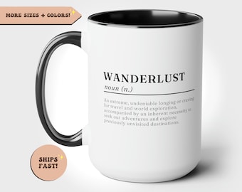 Taza de café Wanderlust Definición, Regalo de viajero, Impresión Wanderlust, Taza de cita, Taza minimalista, Taza al aire libre, Mochilero
