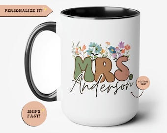 Personalised Wildflowers Mrs Coffee Mug, Custom Mrs Gift, Custom Gift For Bride Mug, Bride To Be Gift Mug, Wedding Gift, Bridal Shower Gift