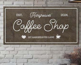 May include: A rectangular sign with a white border and text that reads "Hargreaves' Coffee Shop." The sign is brown with white text and includes a coffee bean and a coffee cup icon. The establishment's address is 127 Hargreaves Lane, and the year 2024 is displayed.