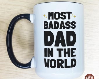 Badass Dad Gift Coffee Mug, Funny Personalized Cool Dad Mug Custom Dad Coffee Cup Dad Gifts Daddy Birthday Fathers Day Present from Children