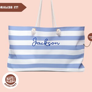 Personalised Blue Nautical Striped Name Weekender Bag, Gift for Boys Girls, Custom Sleepover Weekend Bag for Kids, Large Customized Tote