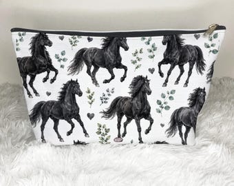 Horses Zip Bag, Cosmetic Bag, Toiletry Bag, Black Horse Farm Wildlife Nature Gift, Animal Lover Gift, Travel Bag, Snack Bag Makeup Bag Purse