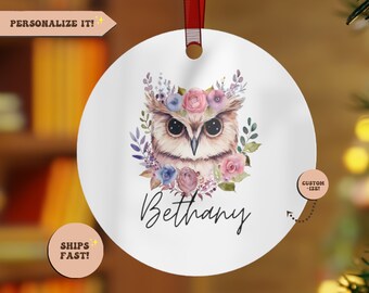 Cute Personalized Owl Ornament, Metal Ceramic Owl Ornament for Women, Custom Owl Gift, Customized Owl Decor for Owl Lovers, Keepsake Bauble