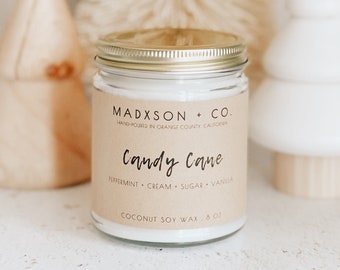 Candy Cane | Holiday Collection | Coconut Soy Wax | Cotton or Wooden Wick | 8 Oz.