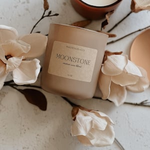Moonstone Scent | Luxe Collection | 12 Oz. Coconut Wax Blend Candle | Natural Room & Linen Spray