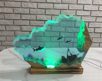 Personalized Wave Idea Epoxy Wooden Night Light Shark Diver Lamp Home Decor