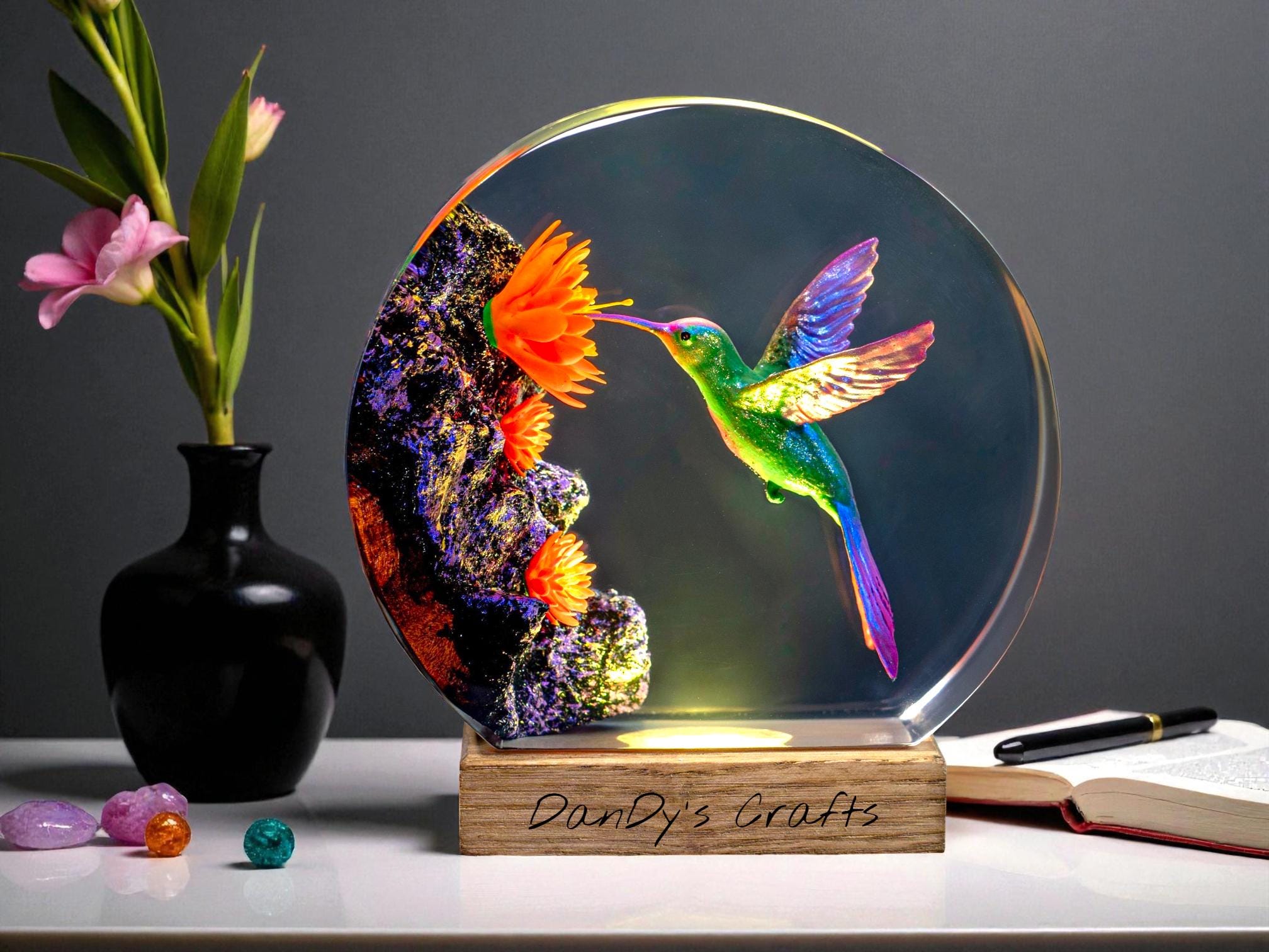 Hummingbird Epoxy Resin Wood Lamp Night Light Handicraft Home