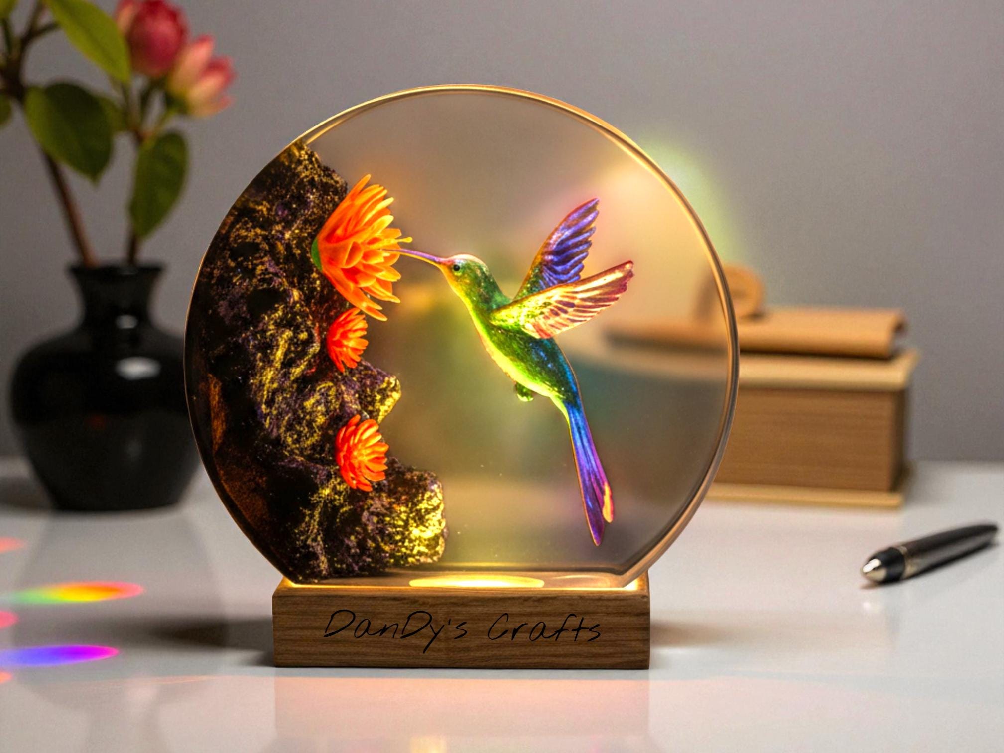 Hummingbird Epoxy Resin Wood Lamp Night Light Handicraft Home