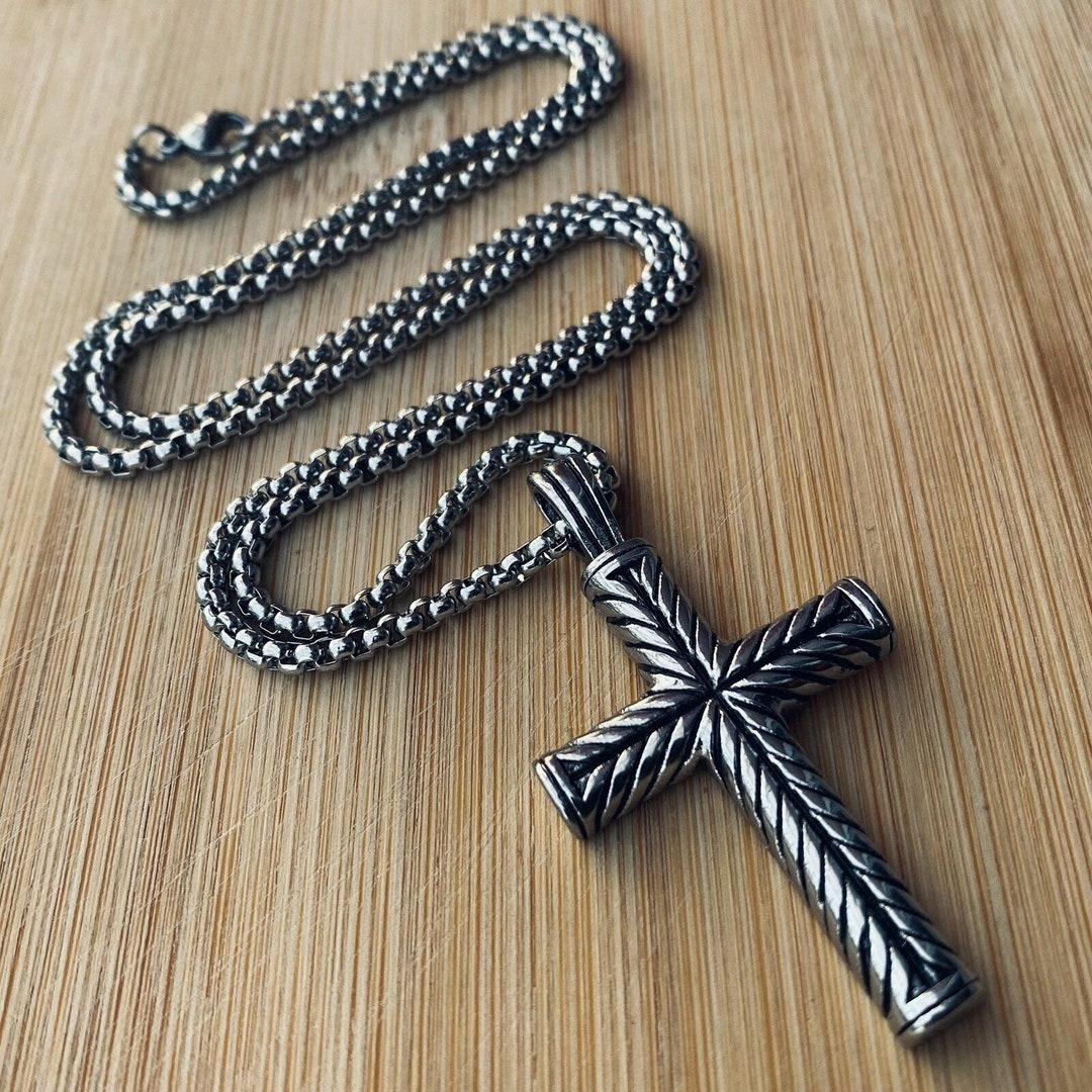 Vintage Cross Pendant Necklace Stainless Steel Silver Color Etsy