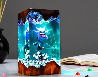 Handmade Anime Gengar Epoxy Wood Resin Lamp Night Light Custom Diorama Decor
