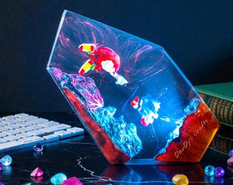 Sonic and Knuckles Resin Night Light, Handmade Epoxy Lamp for Clasic Gamers, LED Display Game Decor
