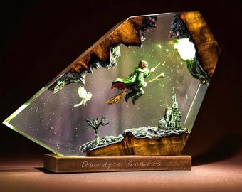 Wizard Boy Handcrafted Resin Lamp, Castle Night Light, Fantasy Book Lover Gift