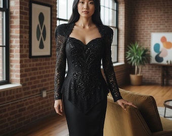 Vintage 80s Karen Okada Beaded Elegant Black Dress