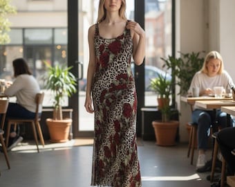 Mica maxi-tankjurk dames luipaardrozen print ronde hals roodbruin