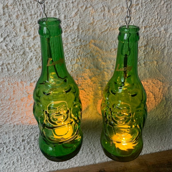 Buddha Tea Light Holder created from upcycled beer bottle for inside or outside in the garden. Makes a unique gift.