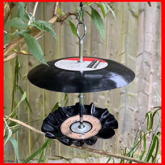 Upcycled Vinyl Record Hanging Bird Feeders with canopy. Makes a quirky gift. Decor for garden.