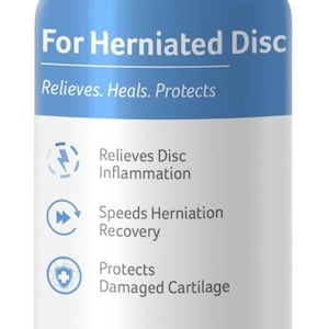 May include: A blue and white bottle labeled "For Herniated Disc" with a diagram of a spine. The bottle lists benefits: Relieves Disc Inflammation, Speeds Herniation Recovery, and Protects Damaged Cartilage. It contains 3 oz.