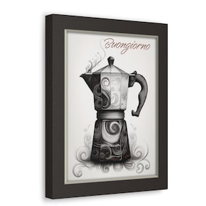 May include: A black and white illustration of a traditional Italian coffee pot, or Moka pot, with swirling designs. The pot is steaming and the text "Buongiorno" is written in red above it.
