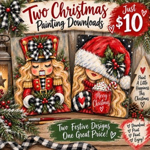 Puede incluir: Dos descargas de pinturas digitales con temas festivos. Una imagen muestra un cascanueces con cabello rubio y un lazo a cuadros. La otra representa a una persona con gorro de Papá Noel sosteniendo una taza roja con el texto Merry Christmas.