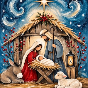 May include: A nativity scene painting featuring a central wooden stable with a thatched roof, a bright star above, and red berries on the sides. A figure in red and a figure in blue stand over a baby in a manger, with a donkey and a lamb nearby.