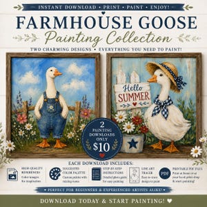 May include: Farmhouse Goose Painting Collection digital download. Two charming designs featuring painted geese in a rustic setting. Includes high-quality references, color palettes, step-by-step instructions, and easy-trace designs. Download today and start painting!