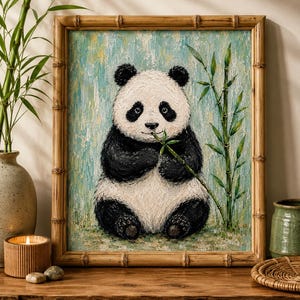 May include: A framed painting of a panda bear eating bamboo. The panda is black and white with a light blue and green background. The frame is made of bamboo.