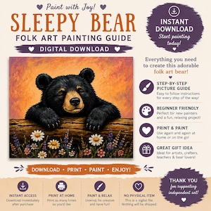 May include: Digital download of a folk art painting guide featuring a sleepy bear. The image shows a black bear with closed eyes resting on a log, surrounded by flowers. The guide includes step-by-step instructions for beginners.