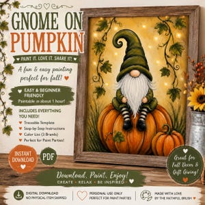 Peut inclure: Un guide de peinture numérique intitulé GNOME ON PUMPKIN représentant un gnome à longue barbe blanche et chapeau vert assis sur une grosse citrouille orange. L'illustration inclut des vignes avec des feuilles vertes et des petites lumières.