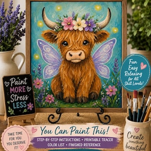 Op de afbeelding: Een ingelijst schilderij van een bruin Highland-kalf met feeënvleugels en een bloemenkrans, tegen een groenblauwe achtergrond met vuurvliegjes. De set bevat een klein krijtbordje met de tekst Paint More Stress Less en een pot met penselen.