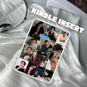May include: A clear Kindle insert case featuring a collage of images. The images are of various people. The text "KINDLE INSERT" is printed in white block letters across the top. The case is on a white, textured surface.
