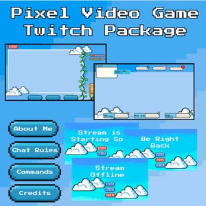 May include: A pixelated video game Twitch package with a blue sky background. The design includes various interface elements such as cloud graphics, buttons labeled "About Me," "Chat Rules," "Commands," and "Credits," and text that reads "Stream is Starting So" and "Be Right Back."